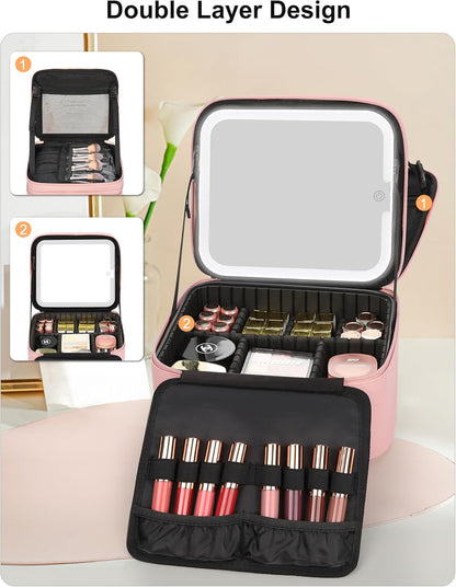 Relavel Travel Makeup Bag With LED Mirror, Cosmetic Train Case with Light up Mirror, Portable Makeup Artist Organizer Bag with Adjustable Dividers, Makeup Brush Holder Storage, Black