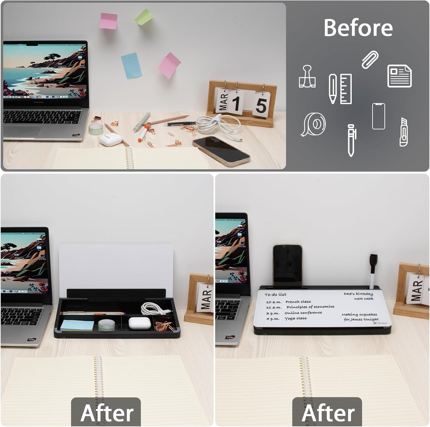Varhomax Glass Desk Buddy Whiteboard with Storage, Small Dry Erase Desktop White Board Caddy to-do List Memo Notepad for Office, School and Home Office Supplies (Black)