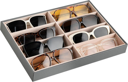Frebeauty Sunglass Organizer,PU Leather Glasses Organizer,8-Slot Sunglasses Tray,Men's/Women's Sunglasses Box,Sunglass Case,13.3 x 9.6 x 1.5 Inches,Eyeglass/Eyewear Display Tray(Grey)