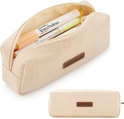 ANGOOBABY Small Pencil Case Student Pencil Pouch Coin Pouch Cosmetic Bag Office Stationery Organizer For Teen School-Beige