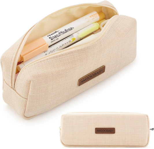 ANGOOBABY Small Pencil Case Student Pencil Pouch Coin Pouch Cosmetic Bag Office Stationery Organizer For Teen School-Beige