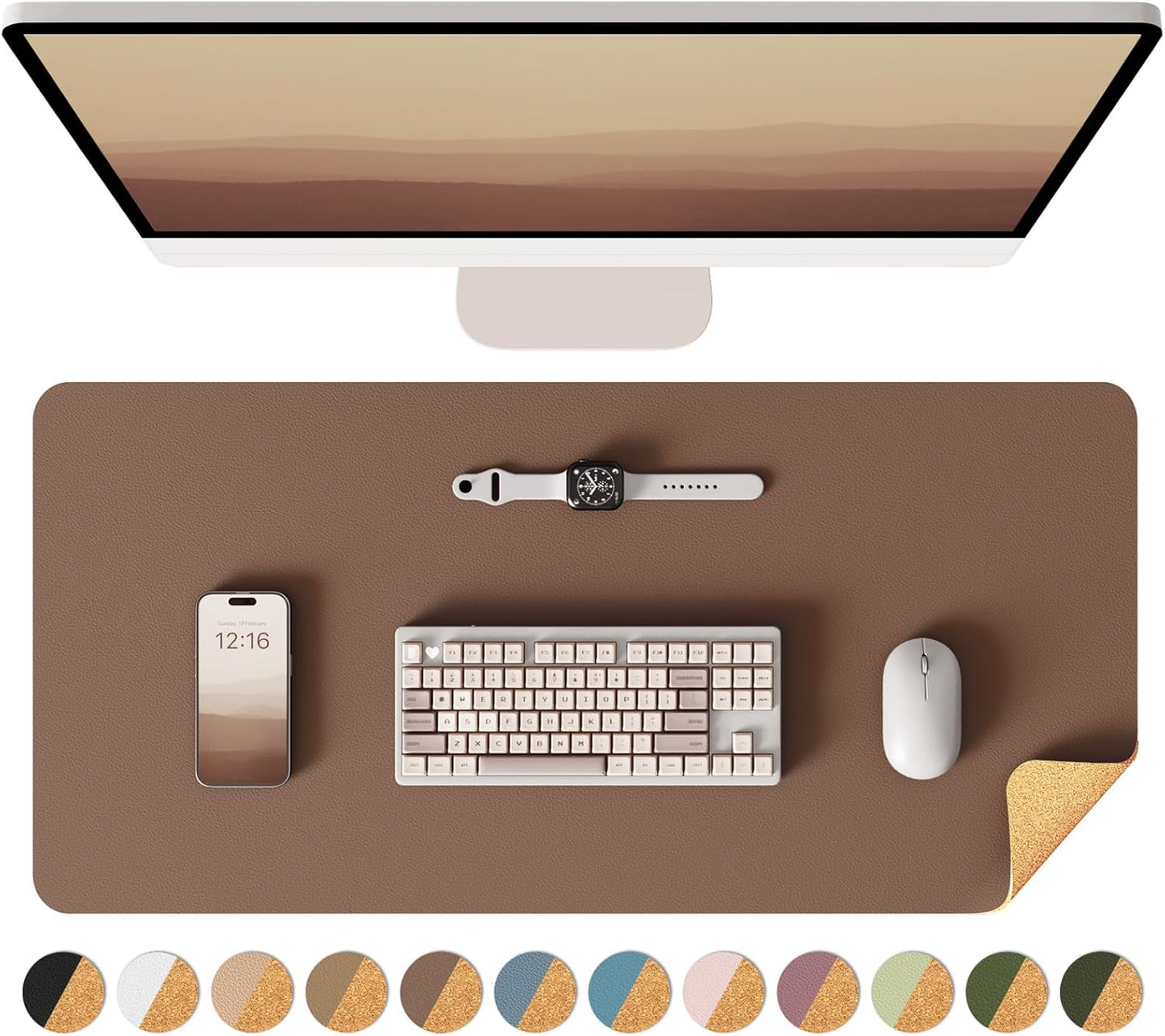 YSAGi Double-Sided Desk Pad, 31.5"x15.7"Leather Desk Mat, Eco Cork Desk Pad Protector,Large Mouse Pad,Waterproof Desk Blotter for Office/Home(Coffee)