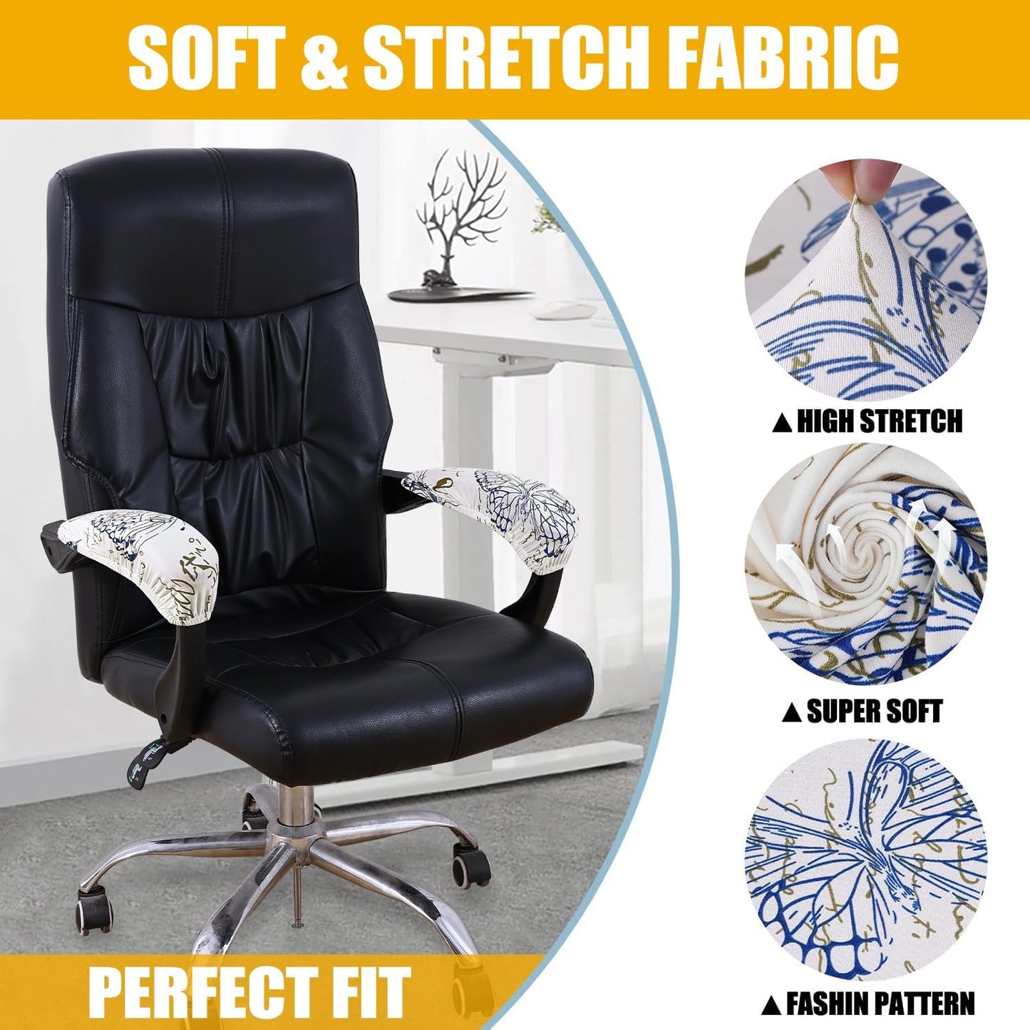 Smiry Stretch Printed Office Chair Armrest Covers, 2 Pcs Soft Fit Removable Washable Computer Desk Chair Arm Covers Protector, Black
