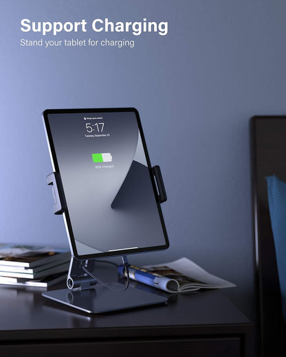 Maxonar Tablet Stand for Desk, 360° Adjustable Aluminum Alloy Swivel iPad Charging Tablet, iPad Pro Air Mini Tablet Holder for Bed Store POS Showcase Kitchen Office Drawing Desktop (6-13''), Silver