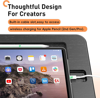 ELETIUO Bamboo Tablet Drawing Stand Holder-Portable&Multi-Angle Adjustable,Tablet Stands Riser with Pencil Wireless Charging,Compatible with 12.9/13 inch iPad Pro,iPad Air/Mini(9.7"-13"),Black
