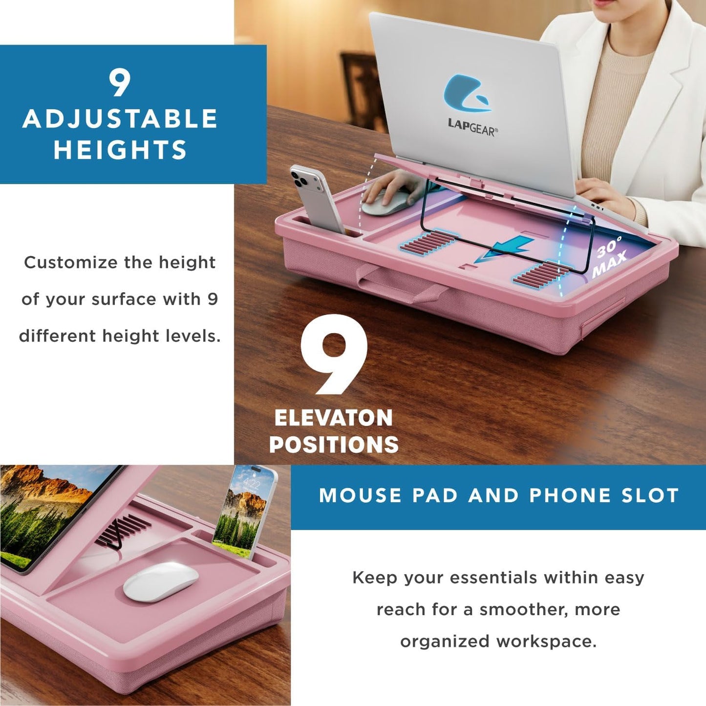 LAPGEAR Ergonomic Pro 2.0 Lap Desk with 9 Adjustable Heights, Built-in Mouse Pad & Phone Slot – Full Microbead Cushion, Storage Pocket – Fits Laptops up to 15.6" – Dusty Rose – Style No. 49504