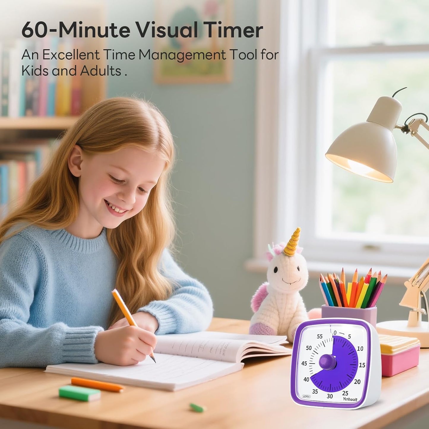 Yunbaoit Visual Timer with Night Light, 60-Minute Countdown Timer for Kids and Adults, Silent Classroom Timer, Time Management Tool for Home, School, or Work (Light Blue)