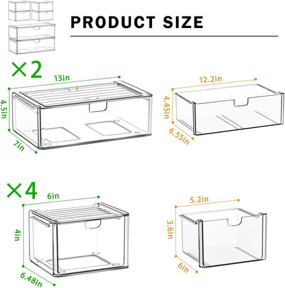 caktraie 6 Pack Small Clear Stackable Acrylic Storage Boxes for Art Tool & Sketch, Stroage Drawers, Makeup Organizer, Plastic Storage Bins For Vanity, Kitchen Cabinets, Pantry, Home Organization