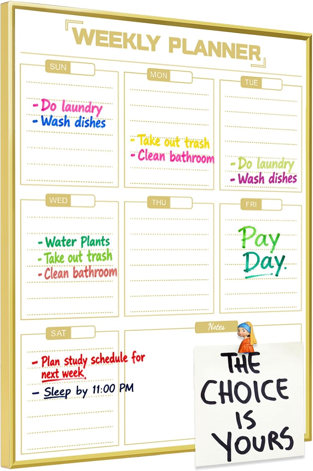 Dry Erase White Board Weekly Calendar Board, Magnetic Whiteboard for Wall,Gold Aluminum Frame Message Board,Vertical, Planner Board for Office, Home, School
