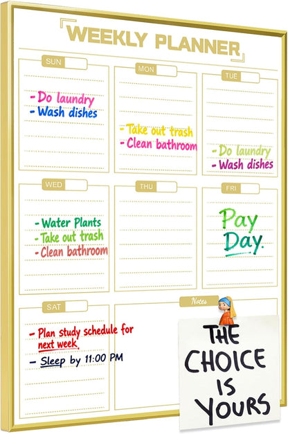 Dry Erase White Board Weekly Calendar Board, Magnetic Whiteboard for Wall,Gold Aluminum Frame Message Board,Vertical, Planner Board for Office, Home, School