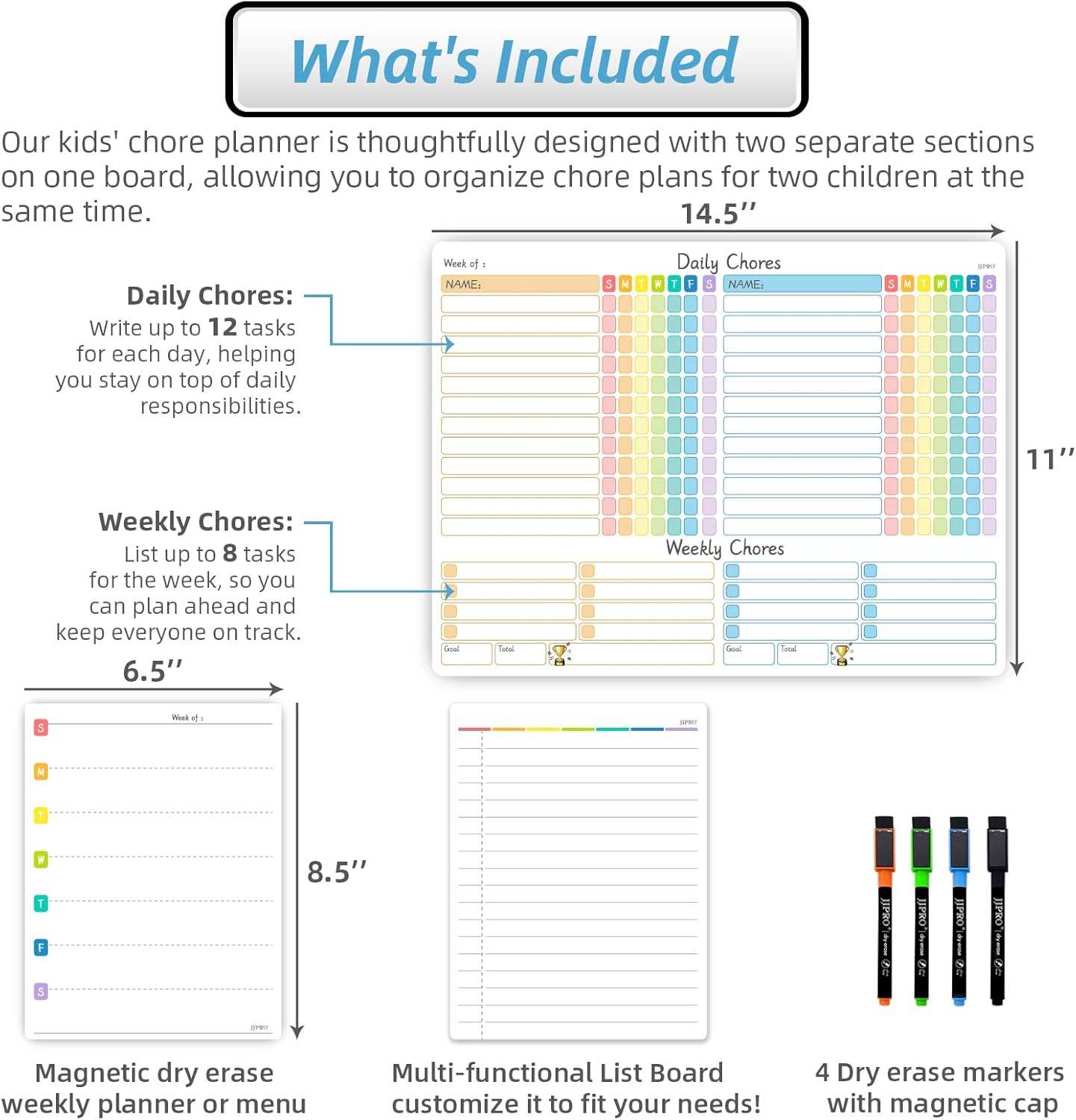 JJPRO Magnetic Dry Erase Chore Chart for Adults:Large Whiteboard16 x19-Chore Chart,Calendar,Meal Board Notes All-in-One,Behavior Chart,Teenagers,White