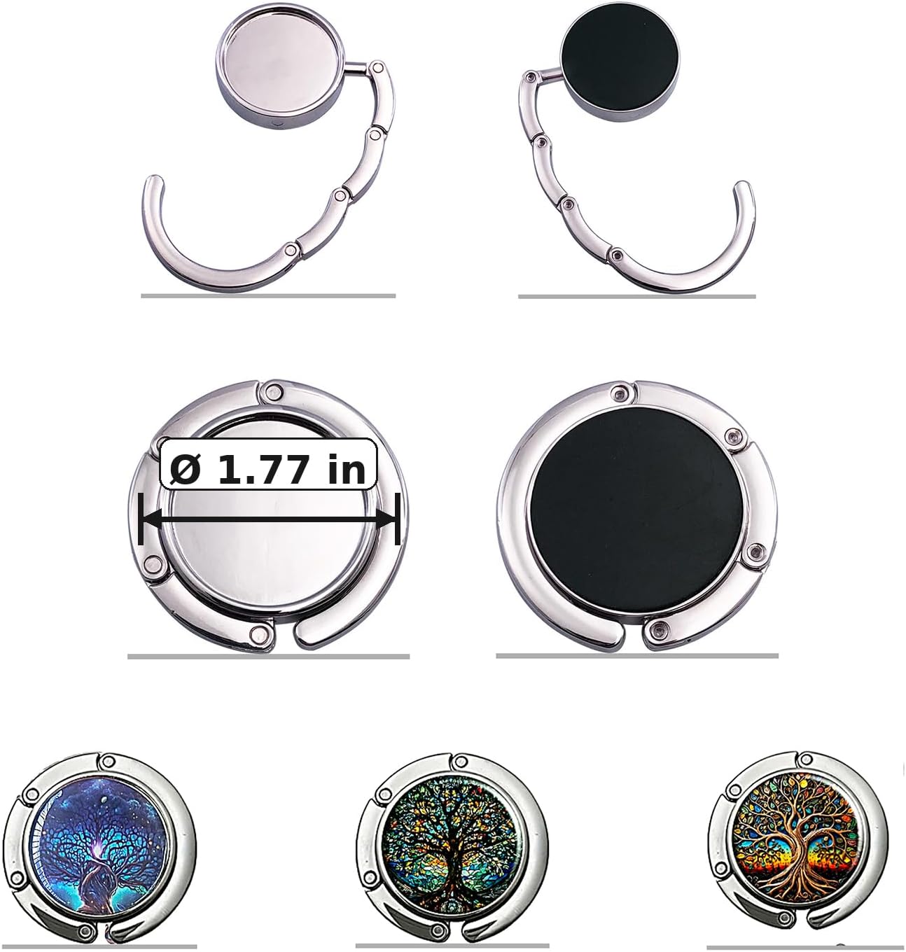 Portable Purse Hook for Table, Foldable Purse Hanger for Table Edge with Non-Slip Rubber Base, Magnetic Closure, 3-Pack Handbag Hook Set, Family Tree Designs for Restaurant Office Travel