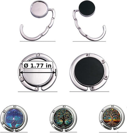 Portable Purse Hook for Table, Foldable Purse Hanger for Table Edge with Non-Slip Rubber Base, Magnetic Closure, 3-Pack Handbag Hook Set, Family Tree Designs for Restaurant Office Travel