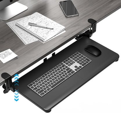 Keyboard Tray Under Desk, Pull Out Keyboard & Mouse Tray with Adjustable C-clamp, 25.6(31.5 Including Clamps) x 11.8 Inch Slide Out Computer Keyboard Drawer Mouse Tray for Typing,White