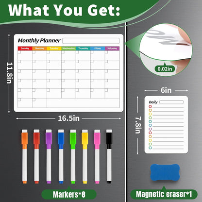 FINDMAG 4 Pack Magnetic Dry Erase Board Set, 16.5"x11.8" Magnetic Calendar for Refrigerator, Fridge Calendar Magnet, Black Weekly Planner Whiteboard for Fridge, Easy to Use with 8 Markers & Eraser