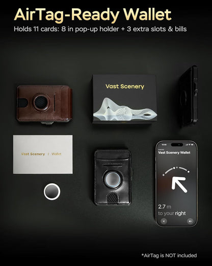 RFID Wallet for Men with AirTag Holder - Brushed Aluminum Pop Up Card Holder, Slim Money Clip Wallet Fits Front Pocket with ID Window, Holds 11 Cards and Cash, Gift for Men