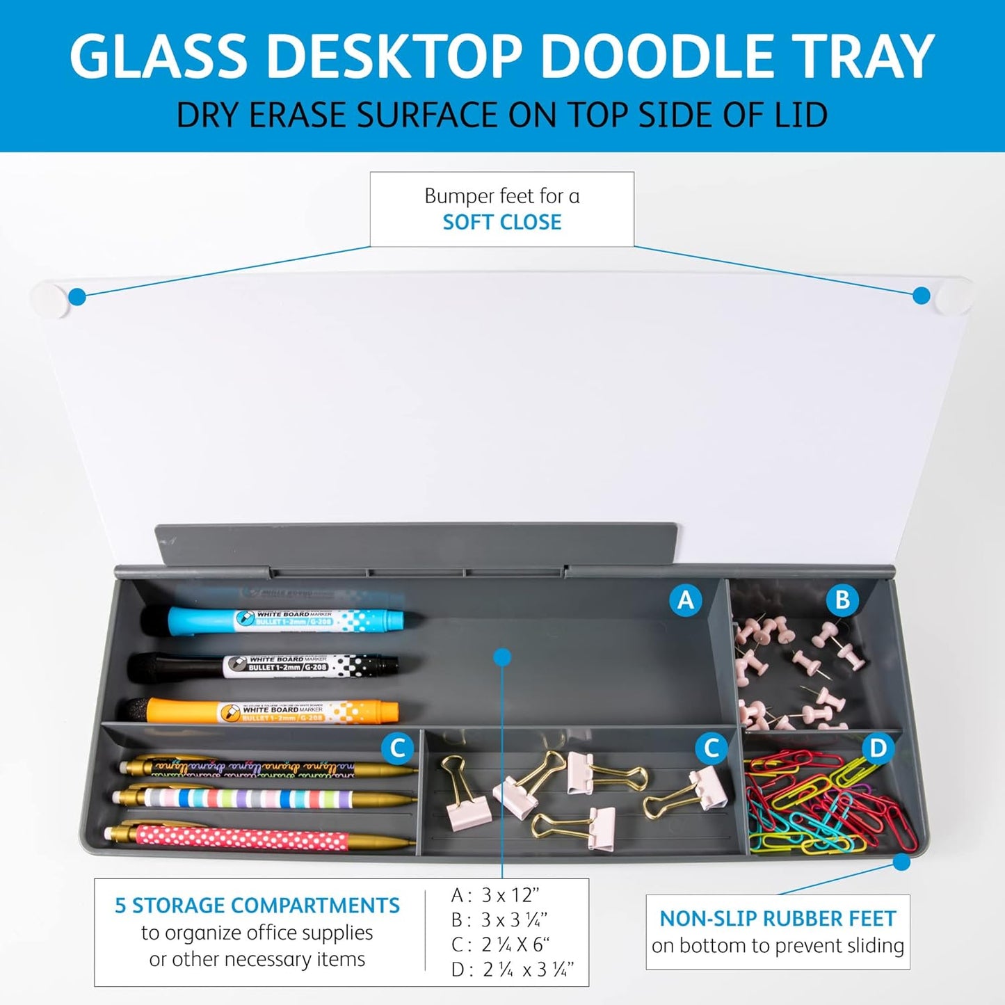 Glassboard Studio Glass Dry Erase Doodle Tray for Desktop Office Supply Storage - Marker and Eraser Included (8 Markers, White)