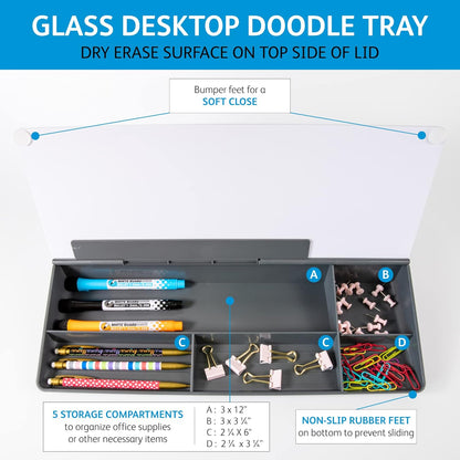 Glassboard Studio Glass Dry Erase Doodle Tray for Desktop Office Supply Storage - Marker and Eraser Included (8 Markers, White)