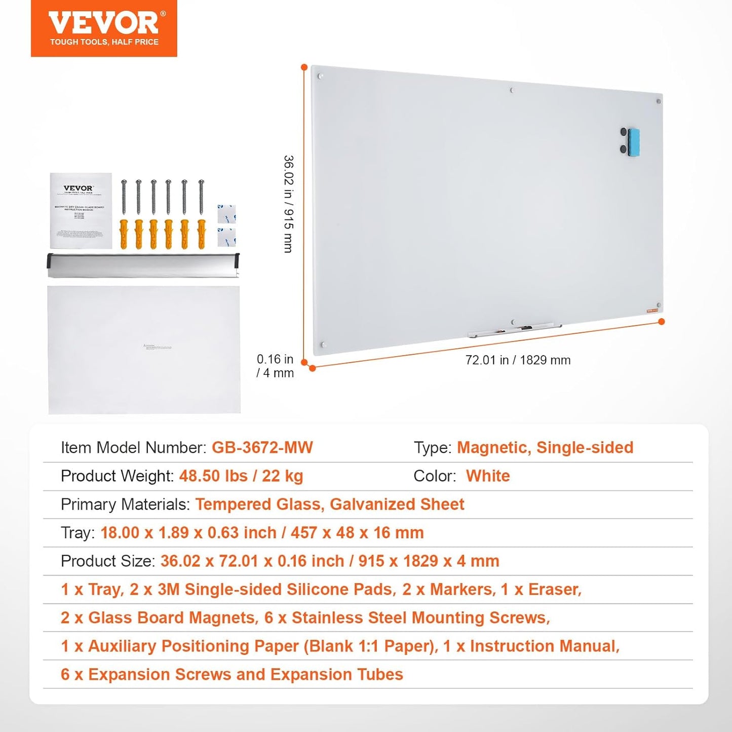 VEVOR Magnetic Glass Whiteboard, Dry Erase Board 36"x24", Wall-Mounted Large White Glassboard Frameless, with Marker Tray, an Eraser and 2 Markers, Black