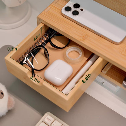 Bamboo Monitor Stand Riser with Drawer, Ergonomic Computer Riser for Desk with Cable Management & Storage Organizer, Wood Monitor Stand for Home Office