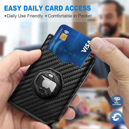 Airtag Wallet for Men,with Cash Pocket 2 ID Window 10+ Cards,Metal Case Smart Slim Pop Up Credit Card Holder Flip with Magnetic Closure RFID Blocking Trifold Leather wallet with Gift Box
