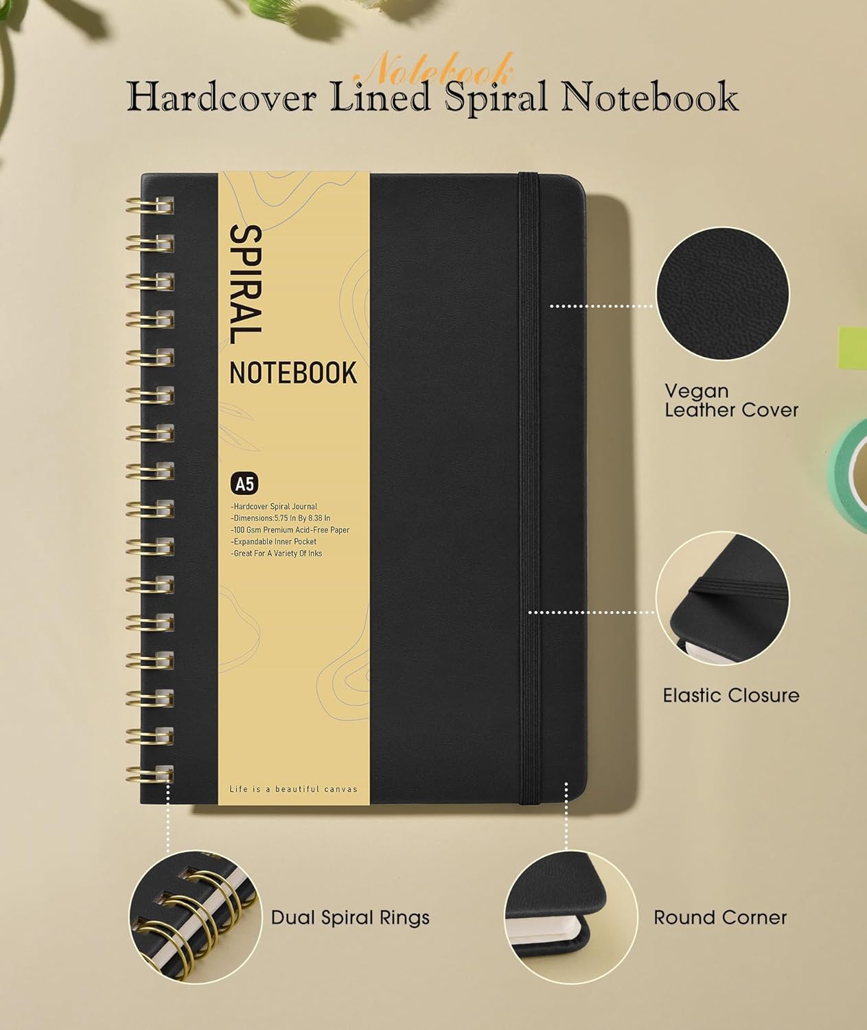 Graph Spiral Journal Notebook, A5 Hardcover Spiral Journals for Women Men, 100 GSM Graph Paper Notebooks, 150 Pages Spiral Bound Grid Notebook for Writing Note Taking Work 5.75" x 8.38" Olive Green