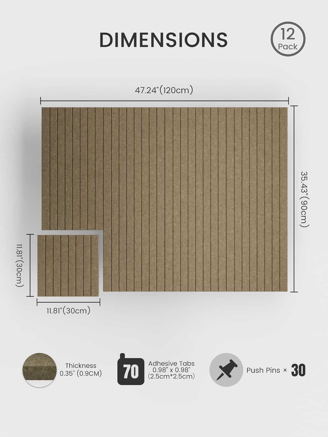 Bumusty Large Cork Board Alternative-48 x 36" Felt Bulletin Board Tiles, with 30 Pushpins, 70 Adhesive Tabs, Fine-Stripe 12-Pack, Cork Boards for Office Push Pin Board Felt Board-Oatmeal