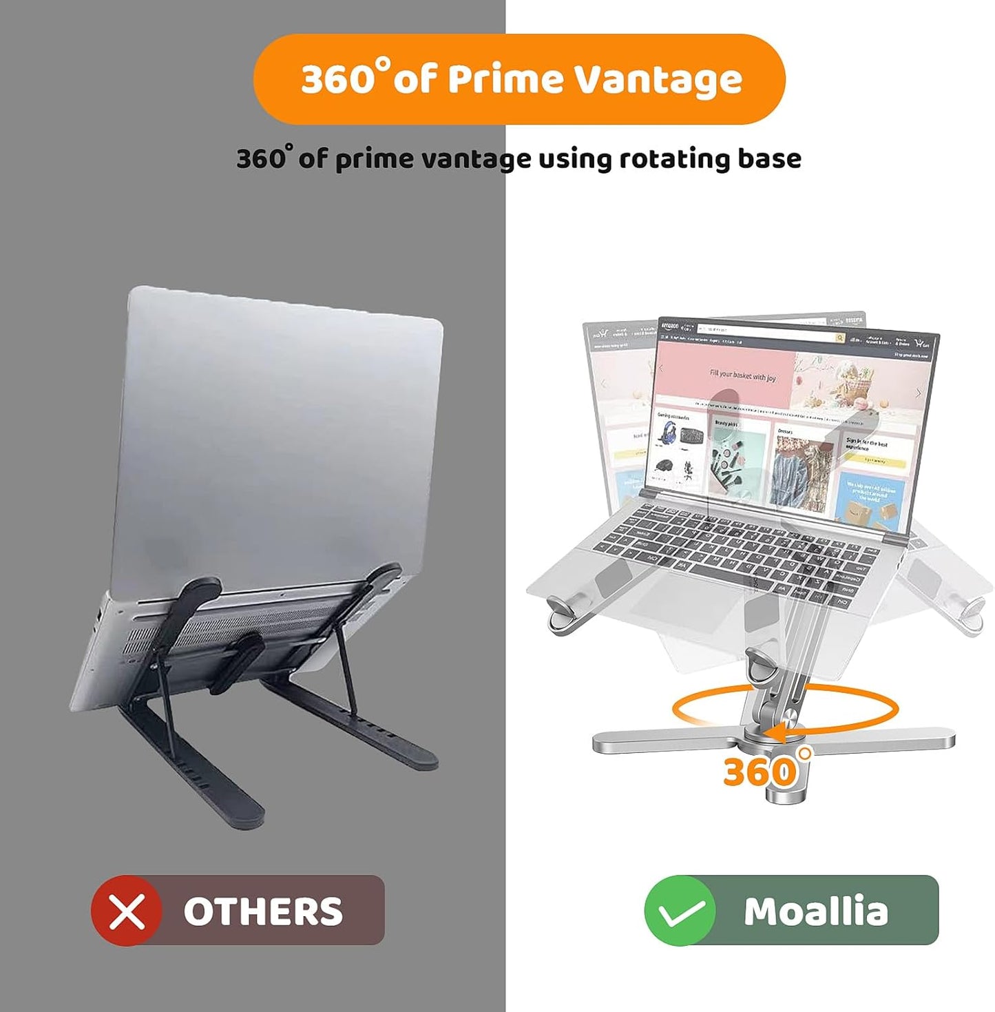 Moallia Laptop Stand with 360 Rotating Base, Computer Notebook Laptop Riser Metal Holder for Desk Collaborative Work, Fully Foldable for Easy Storage, Fits All MacBook, Laptops up to 16 inches, Black