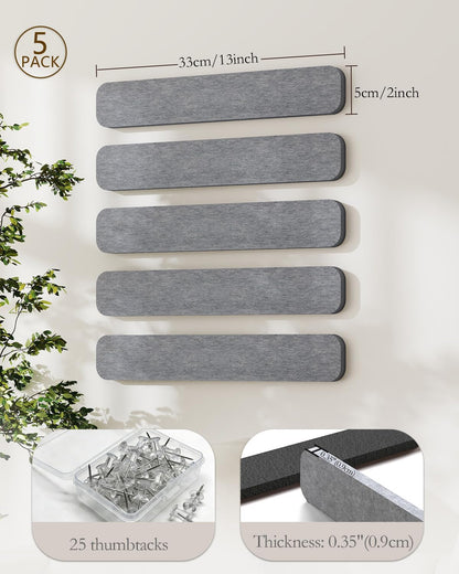 JBER Felt Strip Board 5 Pack 13"x2", Cork Board Alternative Pin Bulletin Board, Self-Adhesive Vision Board with 25 Push Pins for Walls, Office & Home Decor(Light Camel)