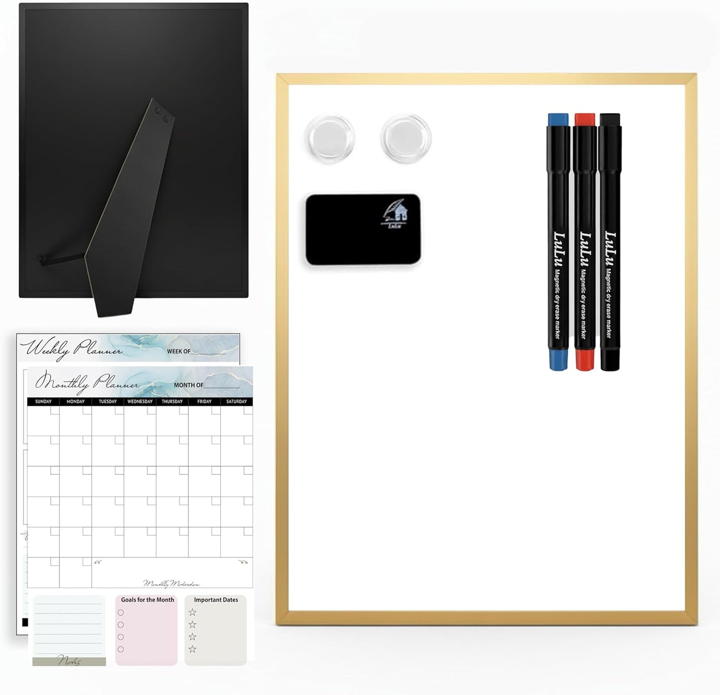 Magnetic Dry Erase Board 12x16 with Foldable Stand, Portable Gold Desktop Whiteboard for Home, Office, School & Kitchen, Includes Weekly & Monthly Magnetic Planner Sheets