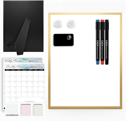 Magnetic Dry Erase Board 12x16 with Foldable Stand, Portable Gold Desktop Whiteboard for Home, Office, School & Kitchen, Includes Weekly & Monthly Magnetic Planner Sheets