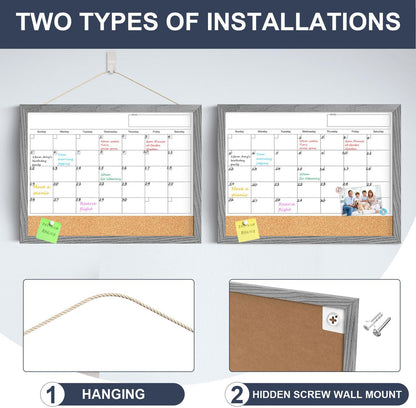 Calendar Whiteboard for Wall, TANKEE 17x13 Inches Whiteboard Calendar Cork Board Combo, Small Magnetic White Board with Wood Framed, Hanging Dry Erase Board for Kitchen Home Office School Planner