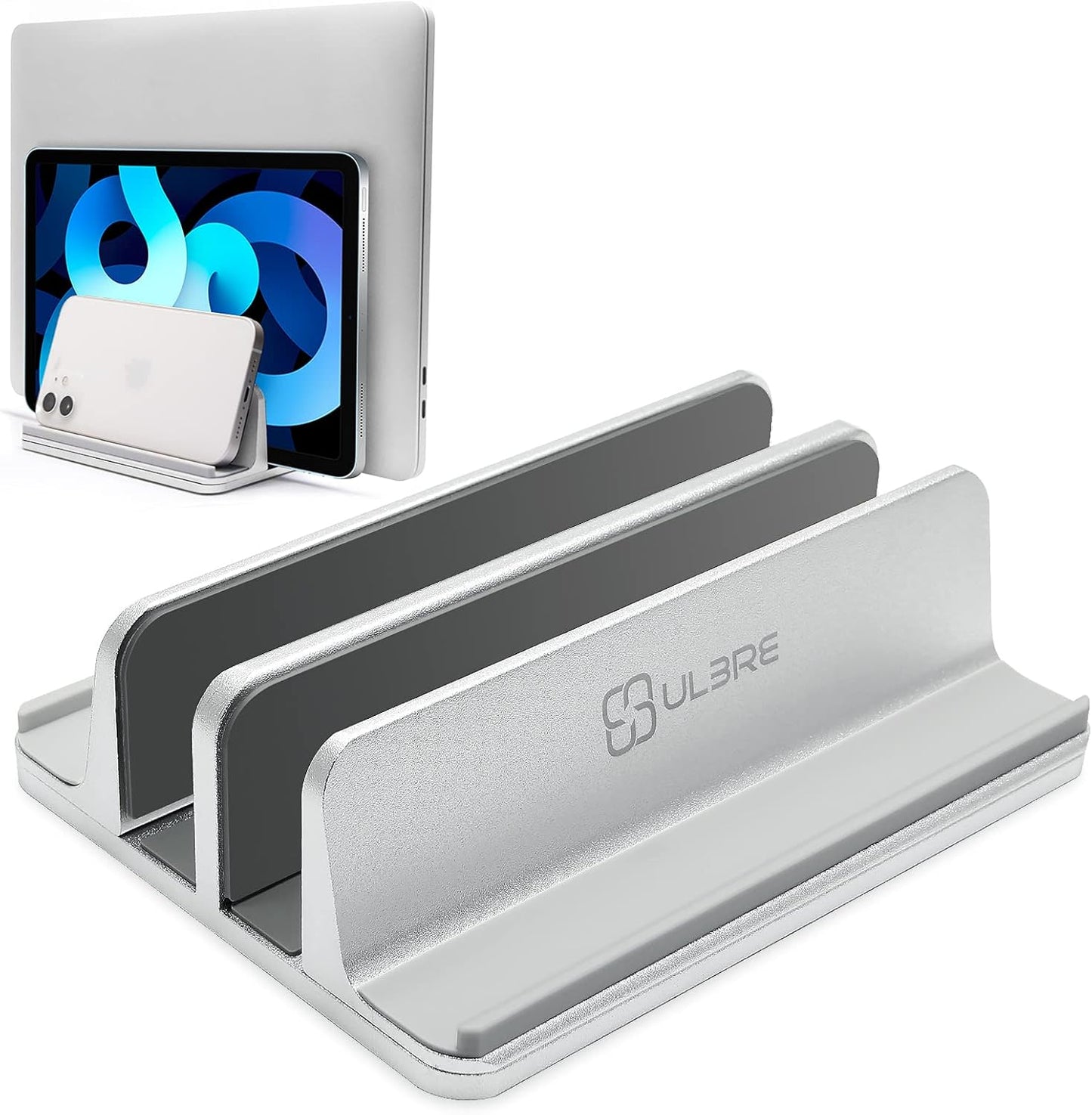 Vertical Laptop Stand Aluminum Heavy Duty, 4 Slots Double Adjustable MacBook Stands Laptop Holder Compatible w' All iPad Surface Dell Samsung HP Chromebook Upto 17.5' - Gray