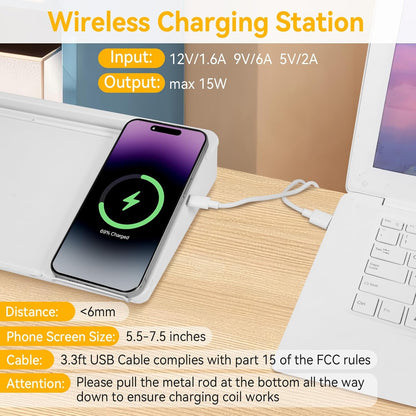 Small Glass Desktop Whiteboard Dry Erase Board with Wireless Charger Station - Computer Pad Keyboard Stand with Organizer for Home, School, Office Desk Accessories