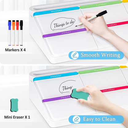DOLLAR BOSS Glass Desk Whiteboard Calendar Small Dry Erase Board Desktop White Board with Storage Drawer Computer Keyboard Stand Desk Organizer, Colorful Weekly Calendar, Black