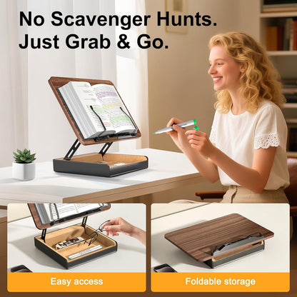 Book Stand with Storage, Book Holder for Reading Hands Free, Wooden Cookbook Stand for Kitchen Counter, Adjustable Reading Stand for Desk, Recipe Stand, Book Prop for Book Lovers