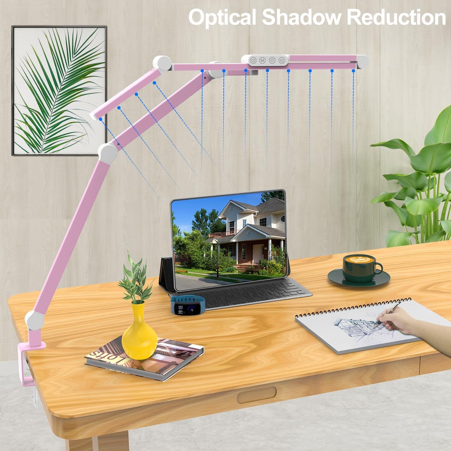 Micomlan Led Desk Lamp with Clamp, Architect Desk Lamp for Home Office with Atmosphere Lighting, 24W Ultra Bright Auto Dimming Computer Light Stepless Dimming and Tempering LED Table Light