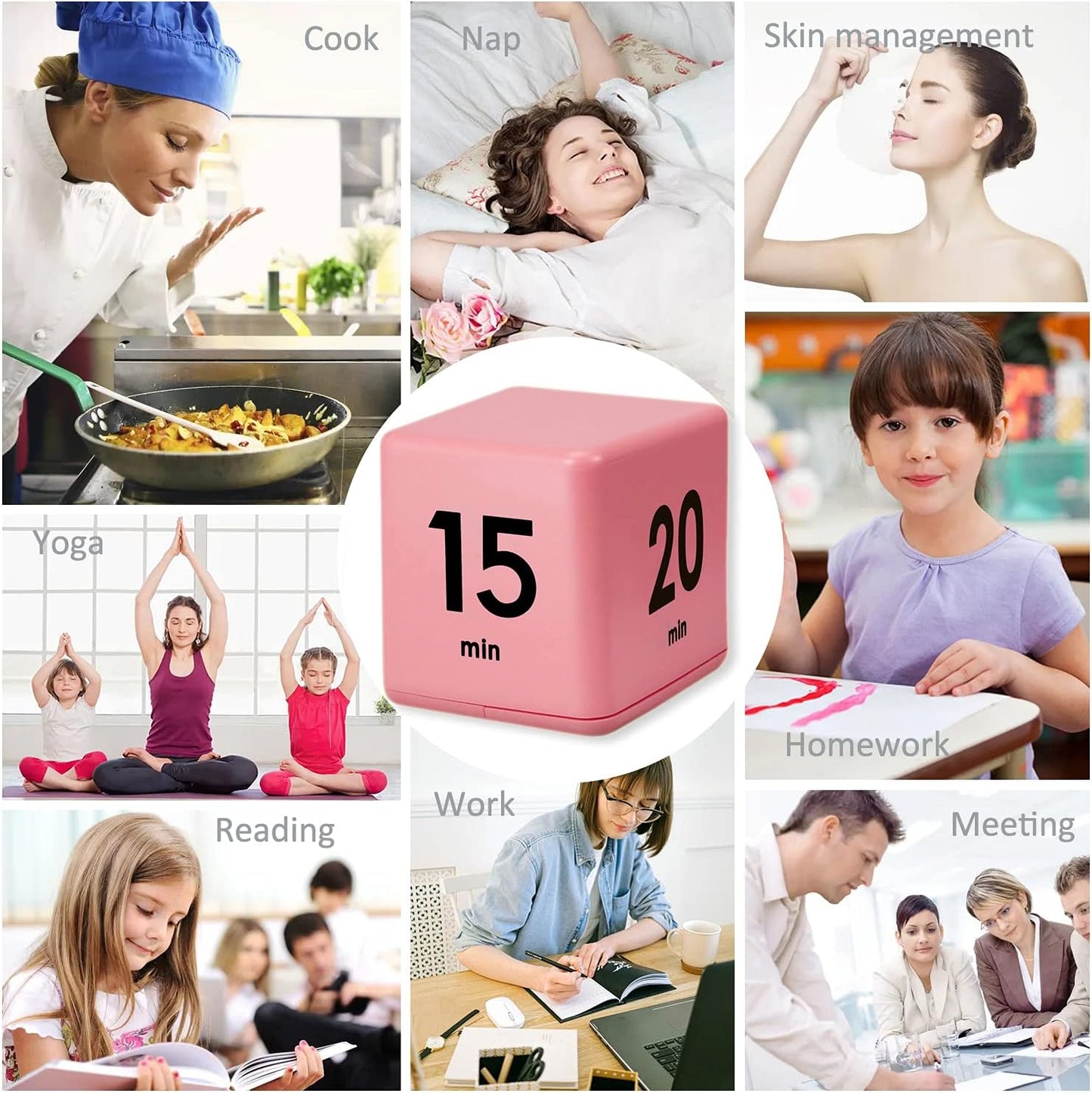 Cube Timer, Kids Timer with Gravity Sensor Flip 15 20 30 60 Mins Countdown Settings for ADHD, Time Management, Classroom, Productivity Workout, Kitchen, Cooking, Study (Pink)