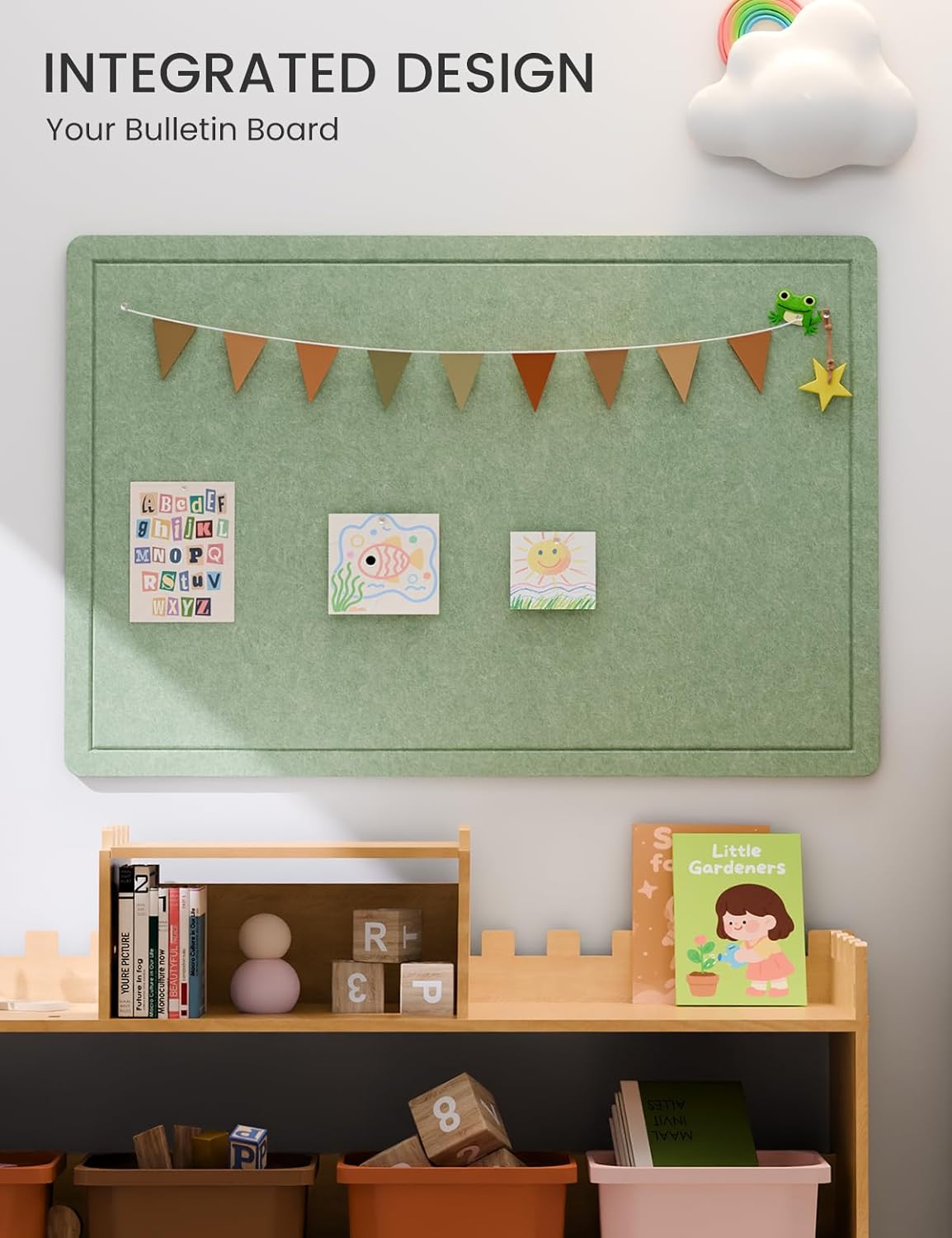 Fluxynara Bulletin Board, 23.6" x 17.5" Cork Board Alternative with 12 Safe Removable Adhesive Tabs, Foldable Felt Pin Board for Home Office, Classroom, Bedroom,Entryway for Walls—Sage
