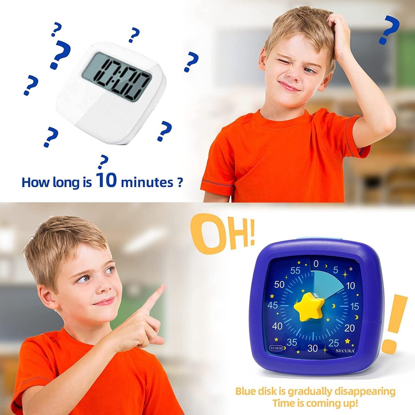 Secura 60-Minute Visual Timer, Silent Study Timer for Kids and Adults, Time Clocks, Time Management Countdown Timer for Teaching (Black & Cloud)