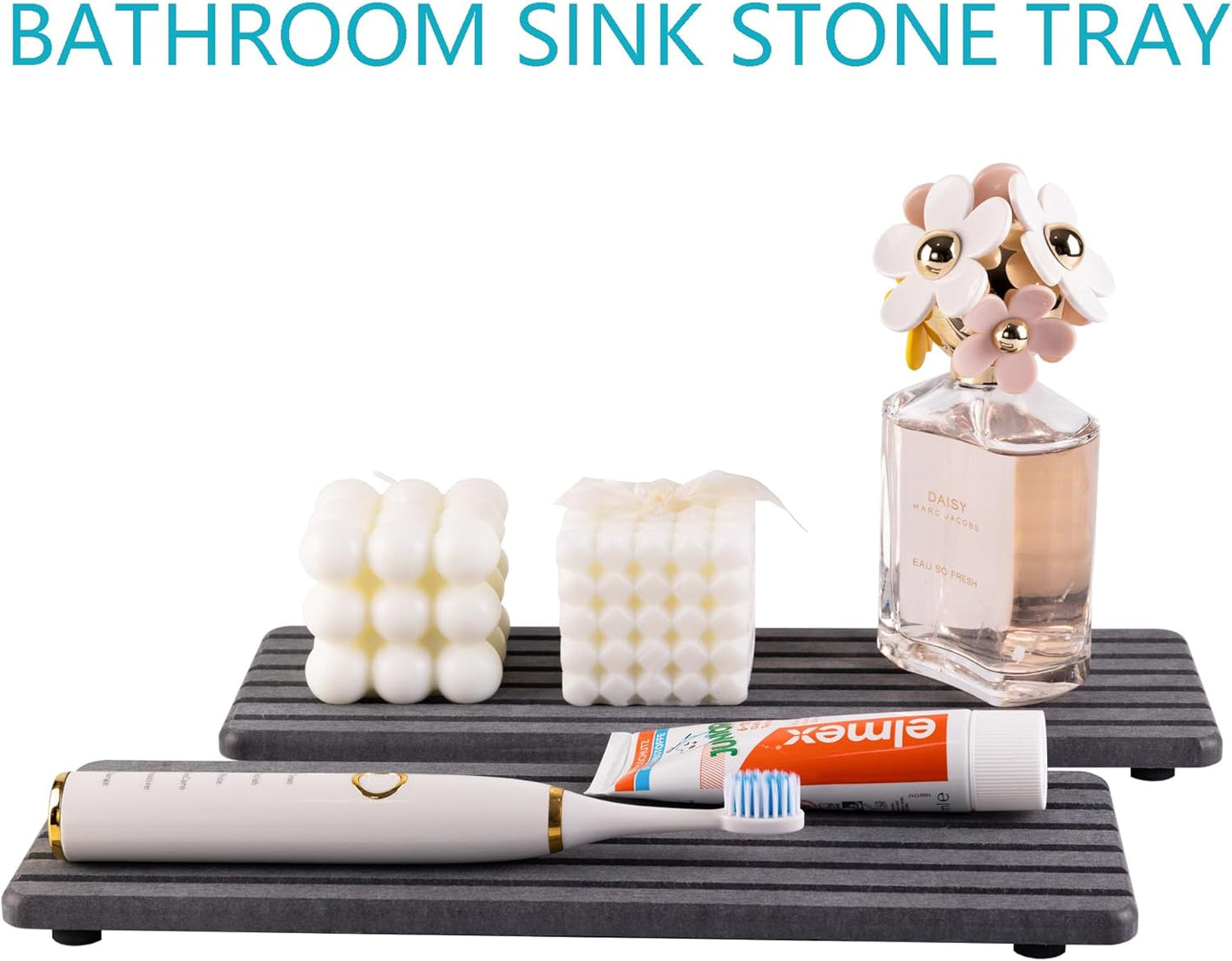 NiuYichee 2 PCS Water Absorbent diatomite Coasters, 8.3" x 4" Water Absorbing Stone Tray for Sink, Stone Drying mat for Kitchen Counter, Stone soap Tray Used for Hand Soaps & toiletries & Plants
