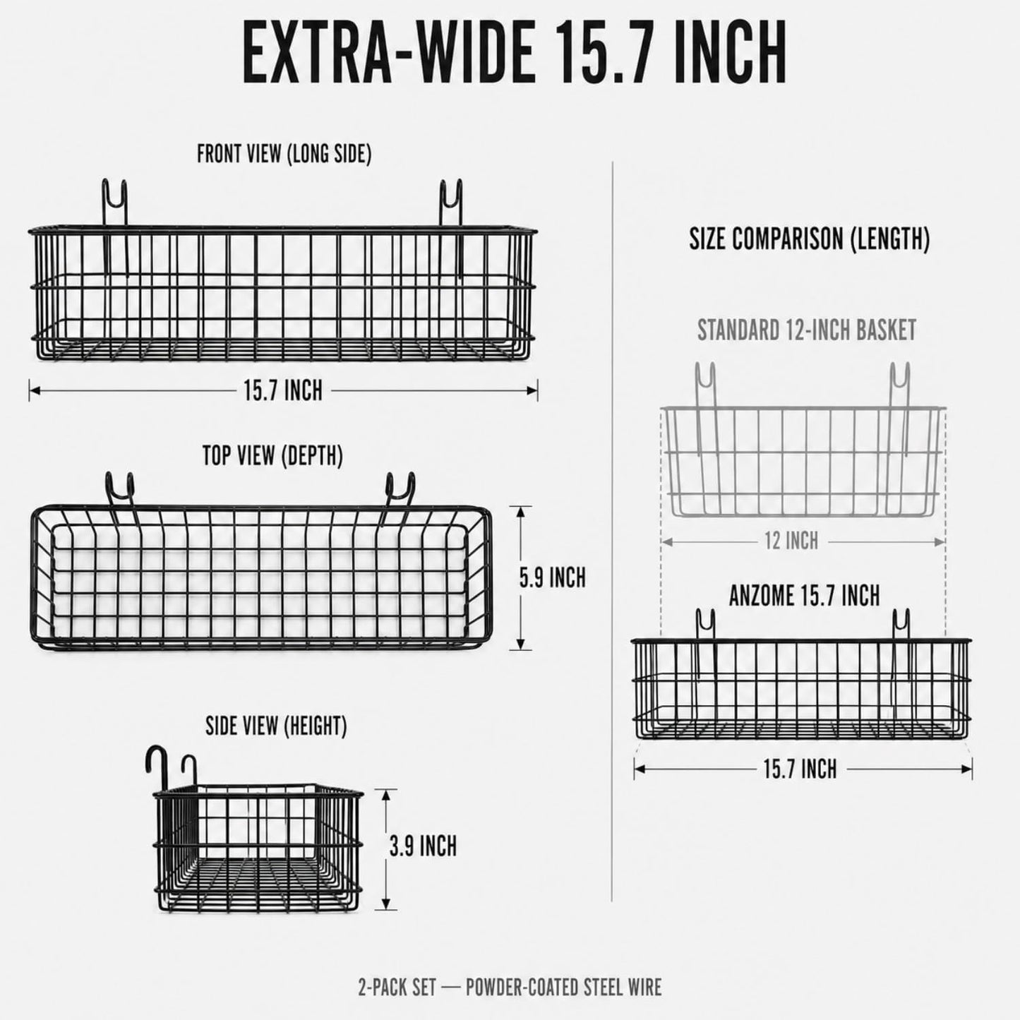 ANZOME 2 Pack 15.7 Inch Extra-Wide Hanging Wall Baskets, Sturdy Black Metal Wire Storage Basket, Fits Grid Panels with 1-2 Inch Spacing (Panel Not Included), Garage Craft Kitchen Pantry Wall Organizer