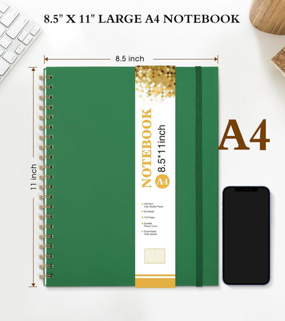 Dotted Notebook, Spiral Notebook Journal 8.5” x 11”, A4 Large Dot Grid Notebooks for Women Men, 100 GSM Dotted Paper, Plastic Hardcover Spiral Bullet Journals for Work School Sketching, Green