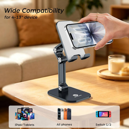 OCYCLONE Phone Stand, Cell Phone Stand Holder for Desk Office Accessories Adjustable Height and Angle Foldable iPhone Stand Compatible with 4"-13" All Phones iPad Tablet - Black