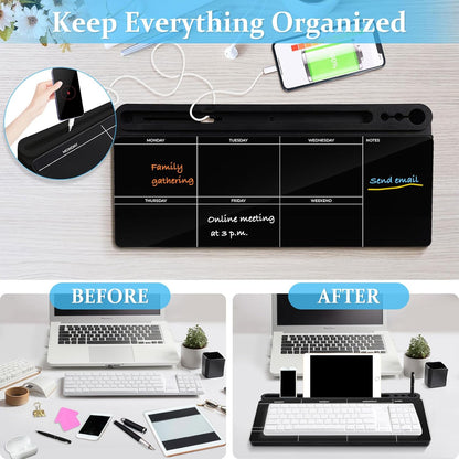 DOLLAR BOSS Glass Desk Whiteboard Calendar Small Dry Erase Board Desktop White Board with Storage Drawer Computer Keyboard Stand Desk Organizer, Colorful Weekly Calendar, Black