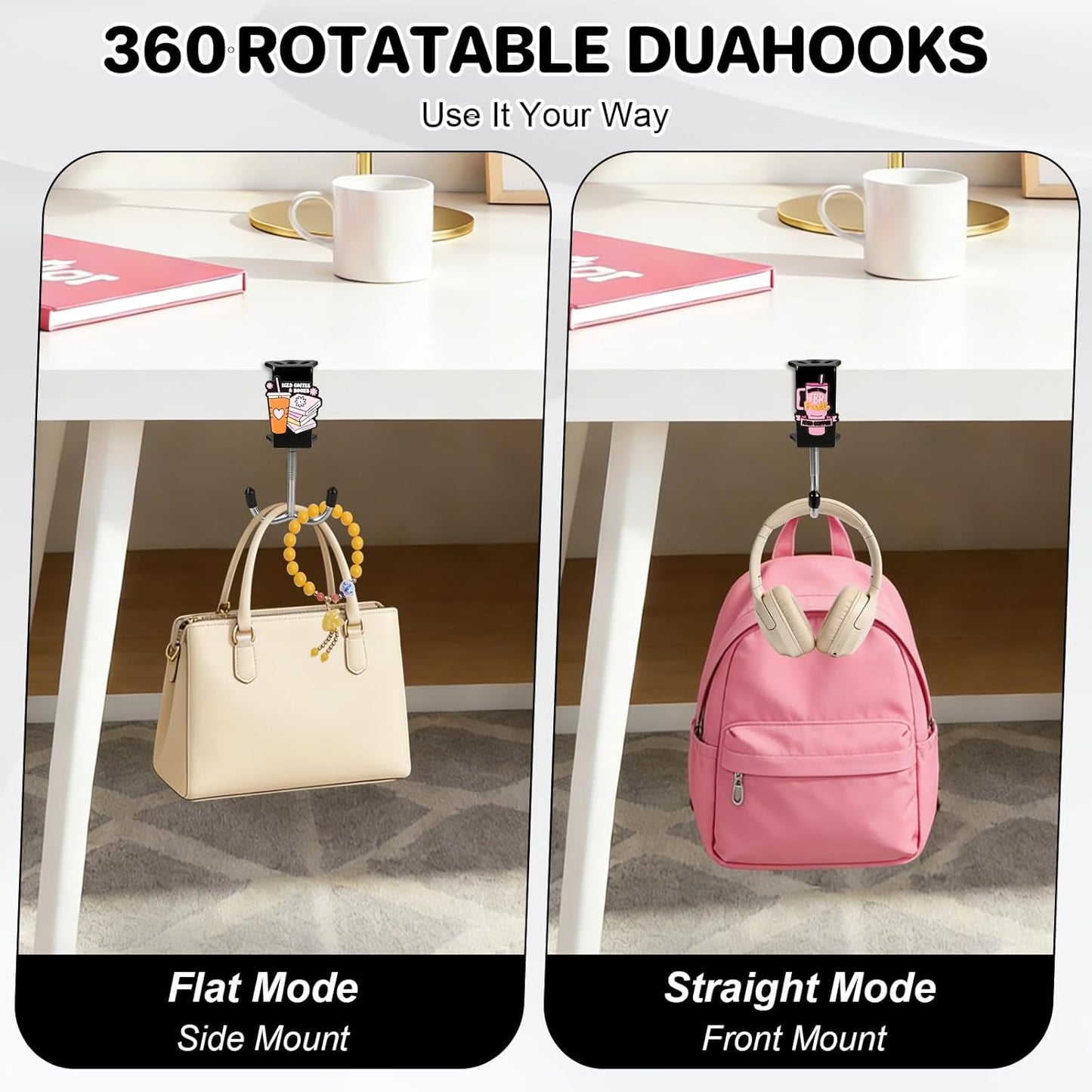 AULEEP 2 Pack Clamp-On Under Desk Bag Hook, Adjustable Purse Holder for Table with Cute DIY Stickers, 100 lbs Capacity Heavy-Duty Desk Organizer Hooks for Handbag, Backpack, Headphone, Black