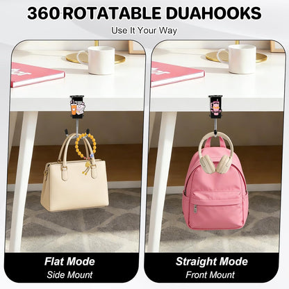 AULEEP 2 Pack Clamp-On Under Desk Bag Hook, Adjustable Purse Holder for Table with Cute DIY Stickers, 100 lbs Capacity Heavy-Duty Desk Organizer Hooks for Handbag, Backpack, Headphone, Black