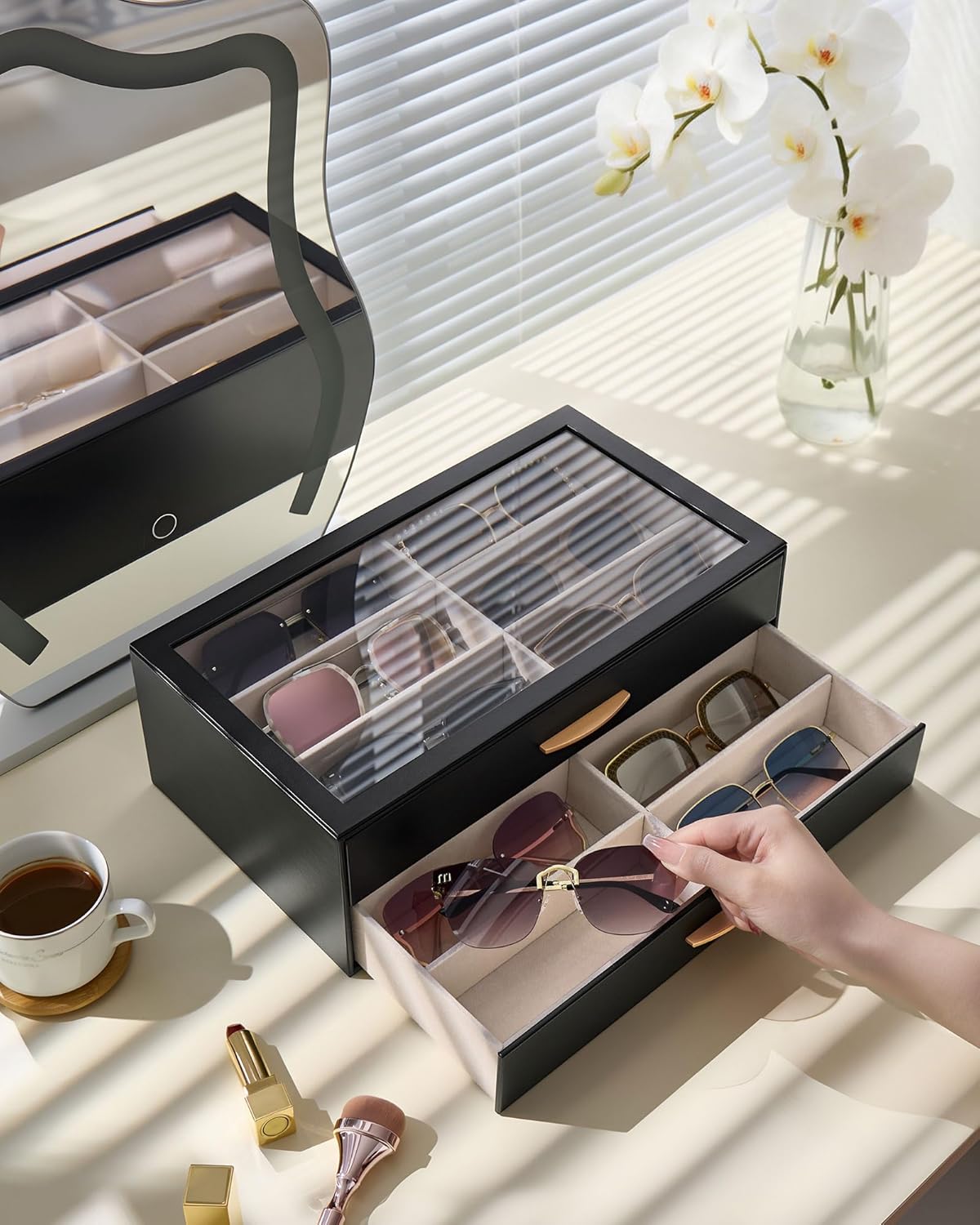 Lolalet Sunglasses Organizer for women, Multi Eyewear Storage Box with Drawer, Glasses Case Display Holder with Clear Top
