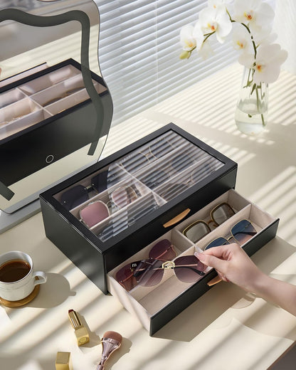 Lolalet Sunglasses Organizer for women, Multi Eyewear Storage Box with Drawer, Glasses Case Display Holder with Clear Top