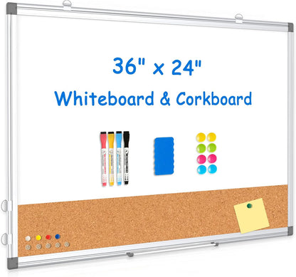 Weekly Dry Erase Calendar Whiteboard for Wall, 24" x 18" Double-Sided Weekly Planner White Board Cork Combo, Hanging & Wall Mount Week Bulletin Board with Notes for Home, Office, School, Kitchen